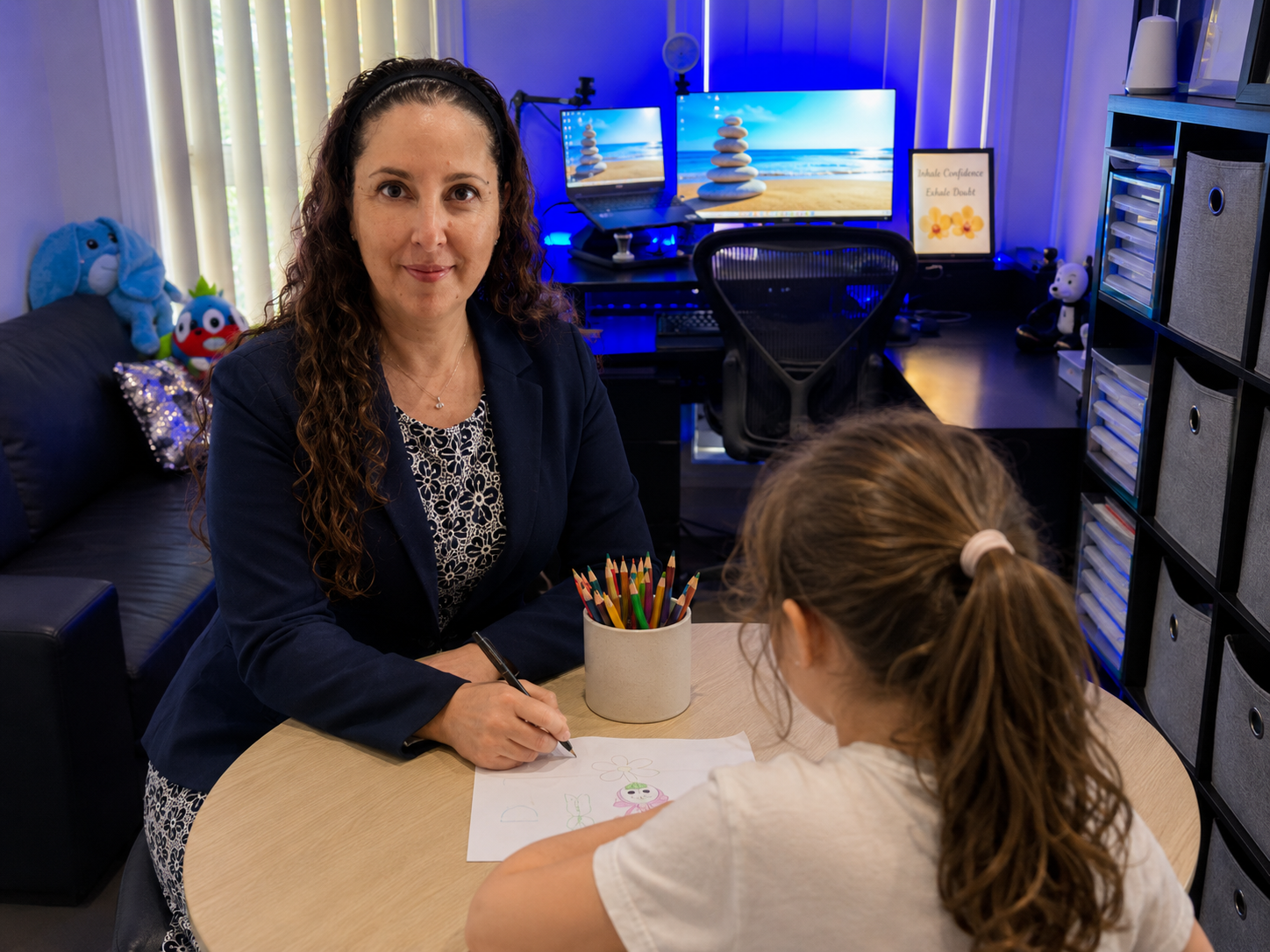 Clinical psychologist Gina Howland working with a child at a table in her Mount Annan office